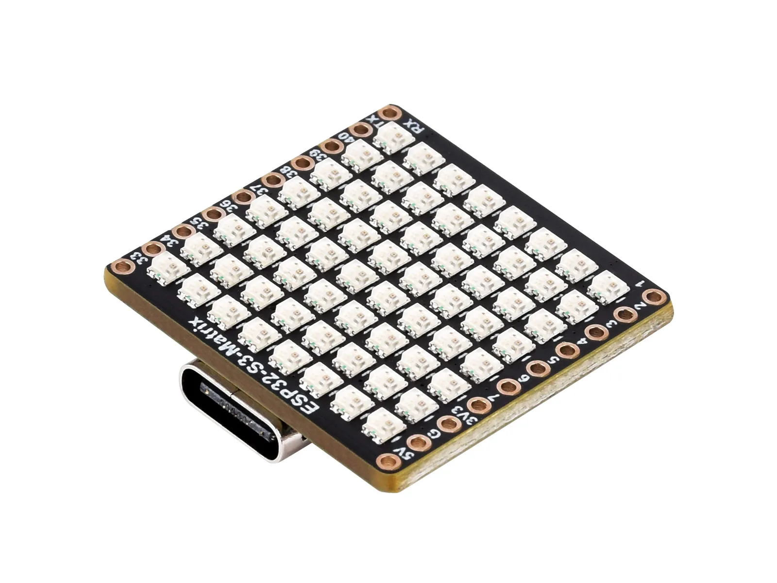 The Waveshare ESP32-S3-Matrix: an 8×8 grid of WS2812B RGB LEDs on a small USB-C ESP32-S3 board