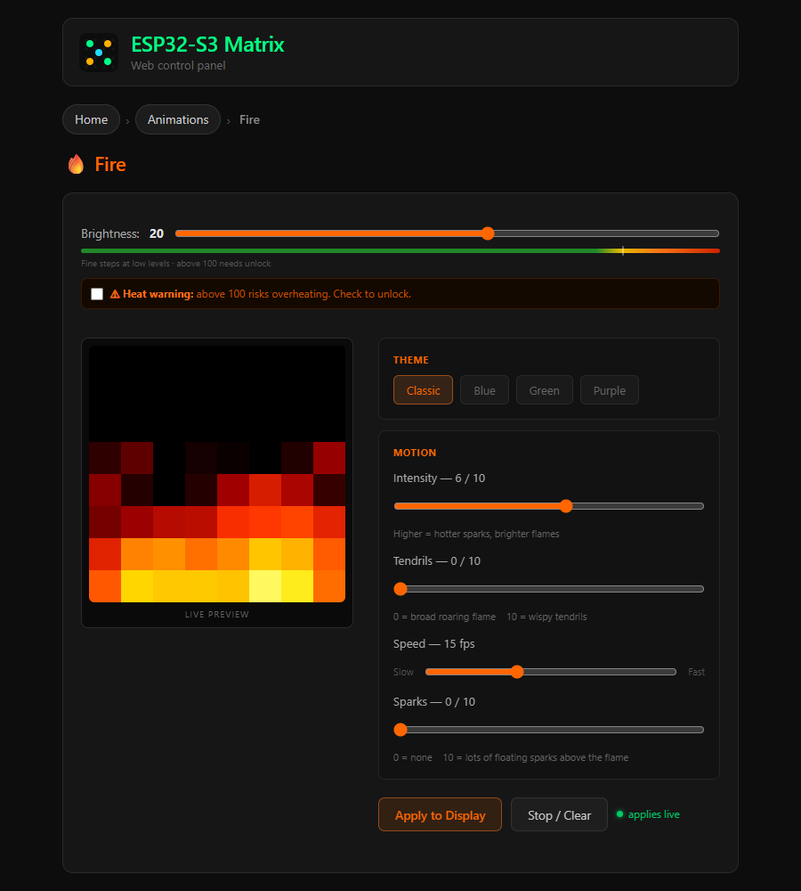 The Fire animation control page with a live preview