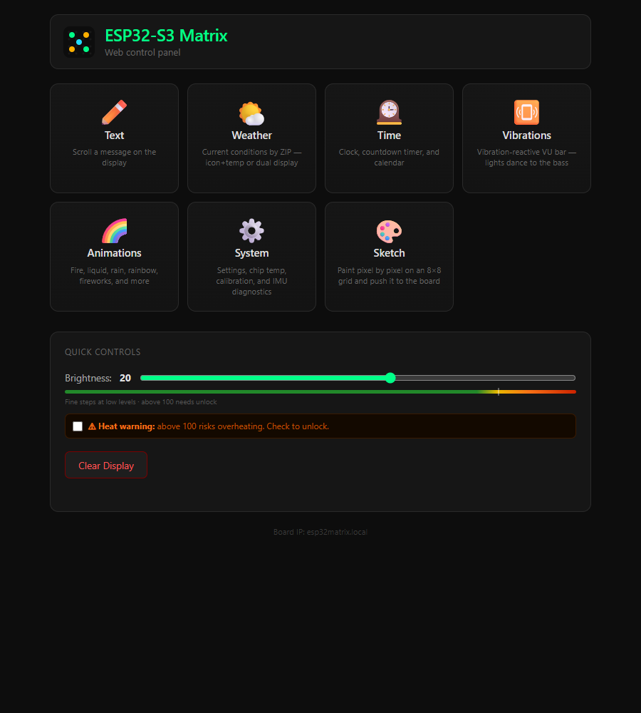 The board's web control panel home screen