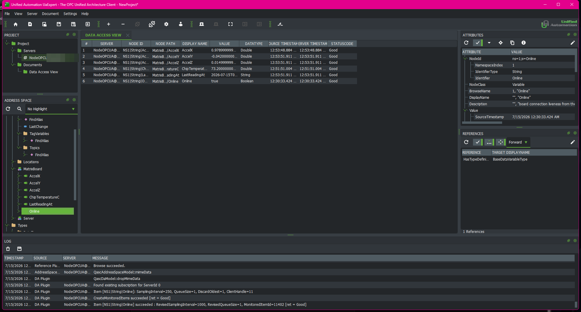 UaExpert browsing the MatrixBoard node tree: ChipTemperatureC, AccelX, AccelY, AccelZ, LastReadingAt, and Online, all six reading Good status with live values, Online reading true. The server hostname is redacted.